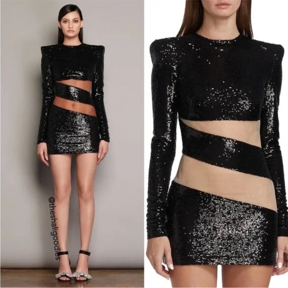 NWT Bronx and Banco Elise Noir cut out Black Sequin shoulder pad Mini Dress
